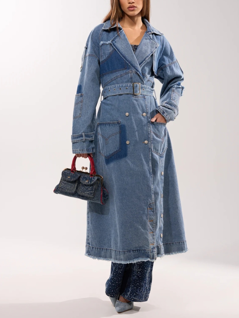 Akira Denim Patchwork Trench Coat - Blue